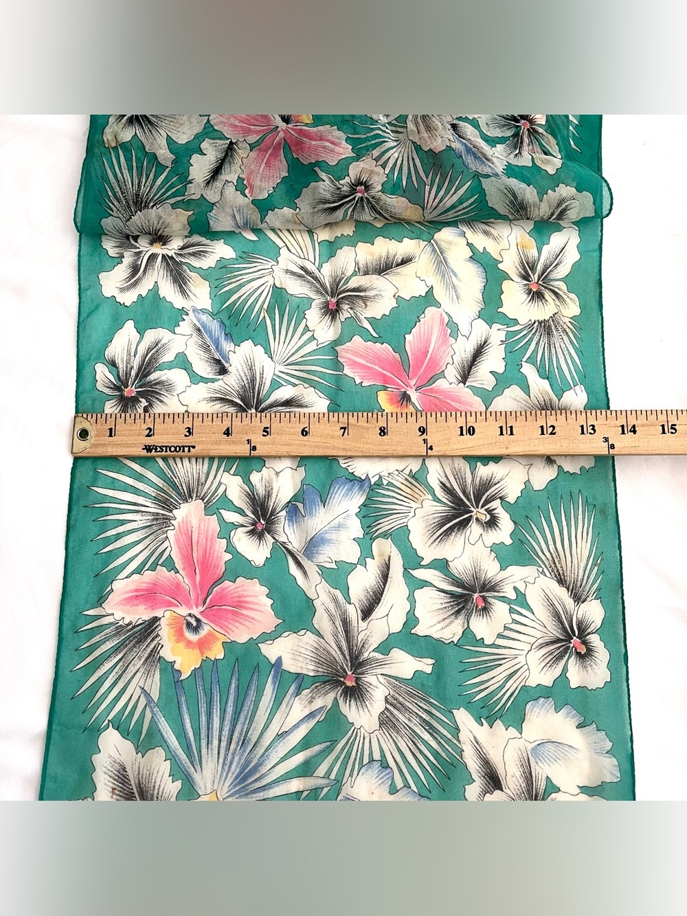 Vintage Tres-Elle Italian Floral Scarf Wrap Teal Aqua Tropical Hibiscus 70s - Picture 5 of 7